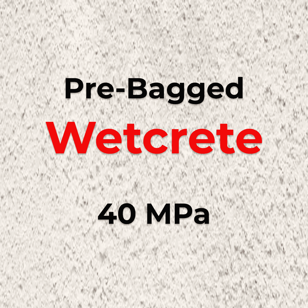 Pre-bagged wetcrete for construction projects, 40 MPa, high-quality concrete mix.